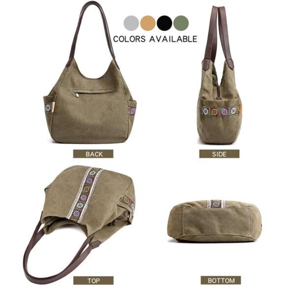 Women Canvas Hobo Purse Multi Pocket Tote Shopper Shoulder Bag Casual Top Handle - Picture 6 of 7